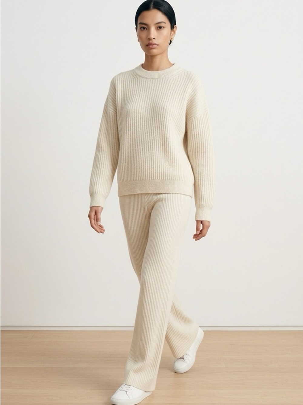 H&M Cream Ribbed Wool Blend Crew Neck Sweater | Classic | Basic | Winter - Picture 2 of 10